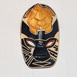 Handcrafted Black Tan Feline Turtle Wall Mask Decor Folk art